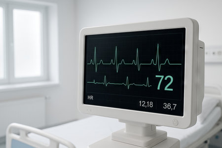 Cardiogram display in hospital room capturing heartbeat patterns on medical monitor for health analysis and patient care.の写真素材