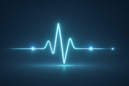 Holographic cardiogram illustration with neon blue heartbeat line on dark background. concept of medical technology, digital healthcare, futuristic cardiology study.の写真素材