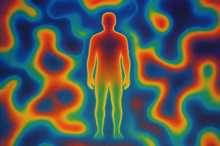Thermal map with human silhouette showing heat distribution in vivid colors. concept of body heat visualization, temperature analysis, thermal imaging. illustration.の写真素材
