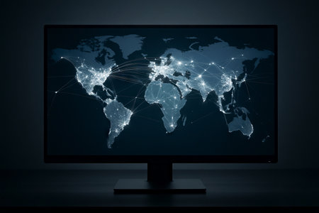 Global network connections on world map displayed on computer monitor. concept of connectivity, digital communication, globalization, technological innovation, networking.の写真素材
