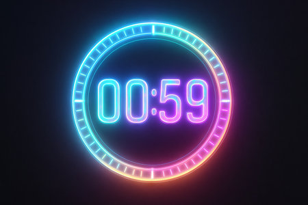 Neon holographic timer display showing 59 seconds with vivid colors. concept of digital countdown,...