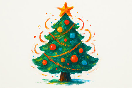 Abstract christmas tree with colorful ornaments illustration for holiday decor and festive celebration, white background.の写真素材