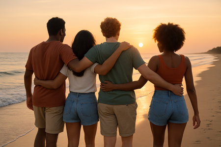 Friends embracing on beach at sunset enjoying summer vacation. concept of friendship, togetherness, scenic beach sunsets.の写真素材