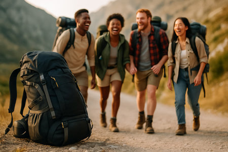 Group of diverse friends enjoying a hiking adventure in the mountains. concept of friendship, nature exploration, outdoor activity.の写真素材