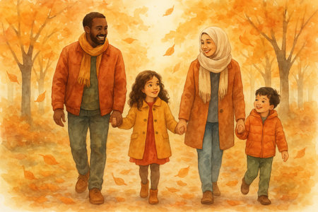 Autumn family walk in a park with colorful leaves: concept of multicultural family bonding, seasonal stroll, warm clothing in scenic landscape, watercolor illustration.の写真素材
