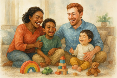 Happy multiracial family playing with toys, laughing together in cozy room on bright day. concept of family bonding, joyful playtime, diverse family.の写真素材