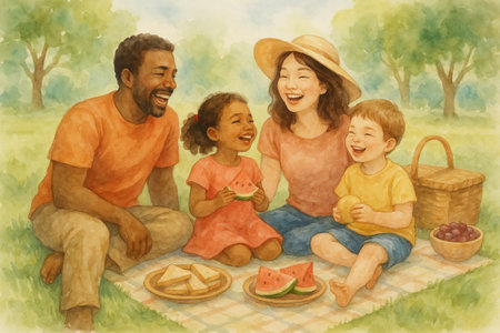 Multicultural picnic with diverse family laughing and enjoying outdoors on a sunny day. concept of unity, cultural harmony, family bonding.の写真素材