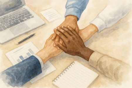Multicultural teamwork illustration of diverse hands joined together symbolizing unity and collaboration in a business environment.の写真素材