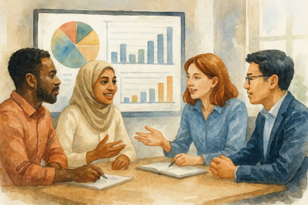 Multicultural team meeting in office with business charts watercolor illustration. concept of diversity in workplace, teamwork, professional collaboration.の写真素材
