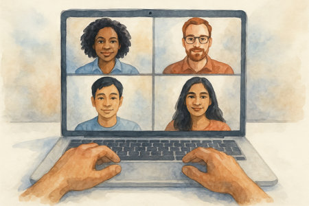 Watercolor international video meeting with diverse participants of various ethnicities displayed on laptop screen. concept of virtual communication, global connectivity, digital interaction.の写真素材