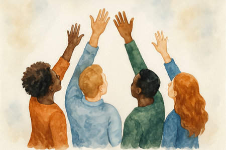 Multicultural team of diverse individuals reaching upward in watercolor illustration. concept of unity, diversity, collaborative effort.の写真素材