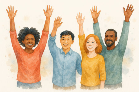 Multicultural team of four diverse people with raised hands in watercolor illustration. concept of diversity, unity, teamwork.の写真素材