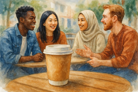 Friends enjoying time together at outdoor cafe table with coffee cup in autumn afternoon. concept of socializing, multicultural friendship, relaxed gathering.の写真素材