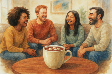 Warm friendship gathering with diverse friends laughing around a cozy living room table illustration.の写真素材