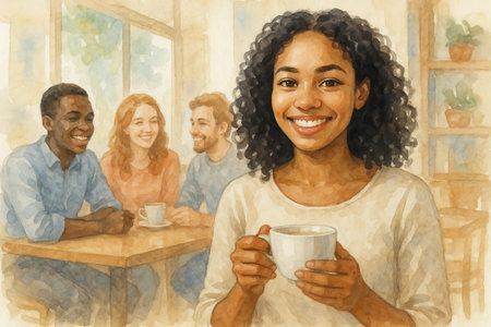 African american woman enjoying coffee with friends in a cozy cafe watercolor. concept of friendship, social gathering, relaxation.の写真素材