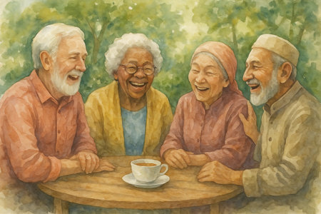 Elderly friends enjoying laughter over coffee in a garden setting, watercolor illustration. concept of friendship, joyful gathering, social connection.の写真素材