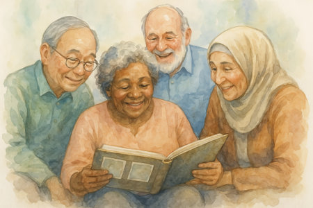 Diverse group of elderly friends enjoying a photo album together in watercolor illustration. concept of friendship, memories, cultural diversity, shared joy.の写真素材