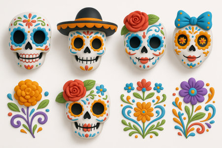 Decorative d?a de muertos masks with colorful floral accents celebrating mexican tradition and culture. concept of festive decor, skull art, cultural heritage, SET.の写真素材