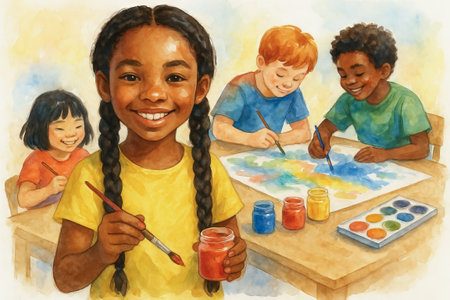 Children drawing together in classroom setting with painting supplies and smiling faces. concept of creative activity, artistic expression, friendship in school.の写真素材