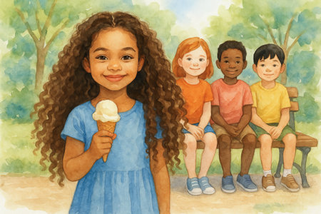 Watercolor of young diverse friends enjoying ice cream in sunny park setting highlighting friendship, joy, childhood fun.の写真素材