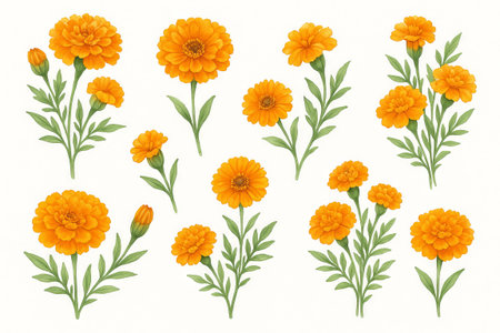 Colorful marigold flowers for day of the dead illustration on white background. concept of floral design, dia de los muertos, celebration decor.の写真素材