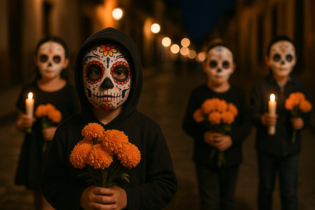 Day of the dead children wearing masks and holding candles with flowers at night. concept of cultural tradition, festive celebration, mexican heritage.の写真素材