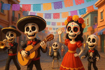 Day of the dead parade with festive skeleton characters and vibrant decorations in lively celebration scene. concept of mexican tradition, cultural festival, joyful gathering.の写真素材