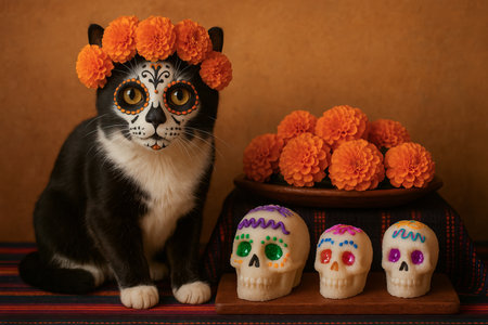 Cat with flower crown by altar featuring marigolds and decorated skulls. concept of day of the dead, cultural celebration, traditional decor.の写真素材