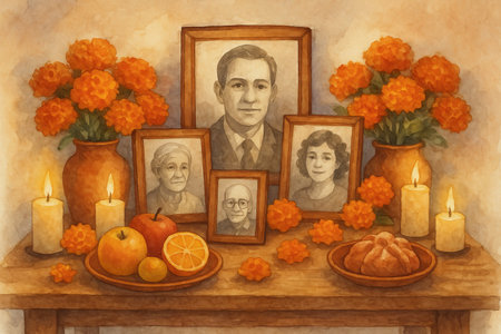 Cozy ancestral altar with family photos and marigold flowers in watercolor illustration. concept of honoring ancestors, family heritage, traditional memorial.の写真素材