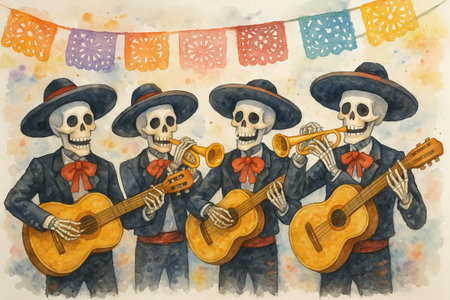 Watercolor illustration of mariachi skeletons celebrating at a fiesta with colorful banners. concept of day of the dead, festive music, cultural celebration.の写真素材