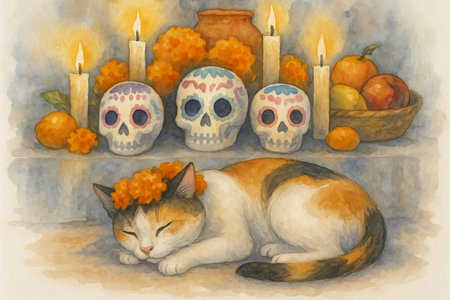 Watercolor cat sleeping by altar with skulls and flowers for day of the dead celebration. concept of cultural tradition, calavera decor, peaceful rest.の写真素材