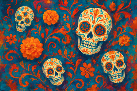 D?a de los muertos background with colorful skulls and flowers illustration. concept of mexican tradition, cultural celebration, festive decor.の写真素材