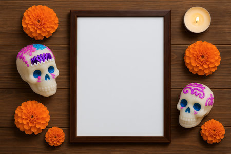 Day of the Dead mockup with sugar skulls, marigold flowers, candle and wooden frame on brown background. Dia de los Muertos celebration, Mexican holiday decor, remembrance altar, copy space.の写真素材