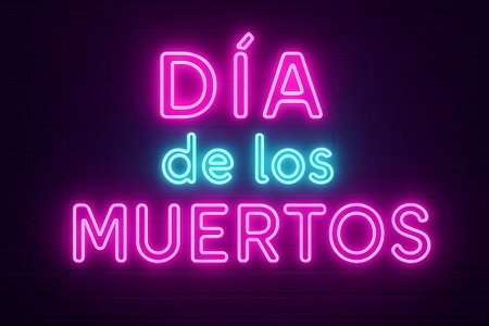 Neon d?a de los muertos sign with vibrant colors on dark background. concept of mexican cultural celebration, festive decor, traditional holiday.の写真素材