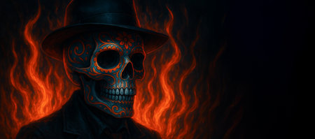 Illustration of a skull in flames with intricate patterns and a hat against a fiery background. concept of halloween, dark art, mysterious design, banner, copy space.の写真素材