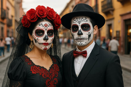 Dia de los muertos couple in traditional costumes and makeup for vibrant cultural celebration. concept of mexican heritage, festive tradition, colorful costume.の写真素材
