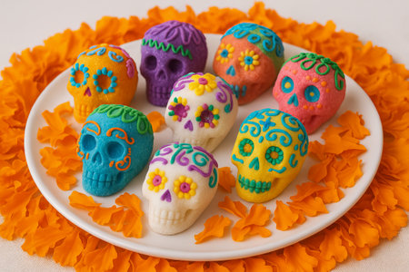 Colorful sugar skulls and marigold petals on white plate for day of the dead celebration. concept of mexican tradition, festive decor, cultural heritage.の写真素材
