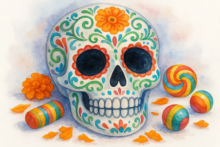 Colorful sugar skull and candies illustration with floral decor for day of the dead celebration. concept of mexican tradition, vibrant art, festive decoration.の写真素材