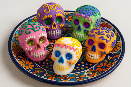 Colorful sugar skulls on decorative plate for day of the dead celebration. concept of mexican tradition, festive decor, cultural heritage.の写真素材