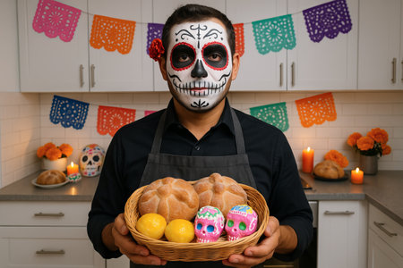 Man with face paint holding bread and skulls in kitchen decorated for dia de los muertos. concept of...