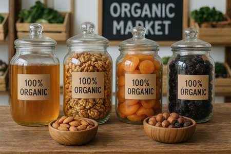 Jars of organic honey, walnuts, apricots, and prunes on market stall display. concept of natural ingredients, health food choice, eco-friendly lifestyle.の写真素材