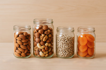 Glass jars filled with almonds, walnuts, cashews, sunflower seeds, and dried apricots on wooden surface. concept of healthy snacks, food storage, kitchen organization.の写真素材