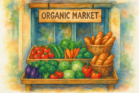 Watercolor organic market stand with fresh vegetables and baked bread baskets. concept of healthy produce, natural groceries, vibrant market scene.の写真素材