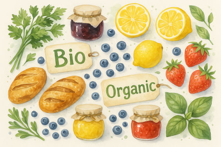 Organic food composition with fruits, bread, and jam in watercolor illustration. concept of healthy eating, fresh ingredients, artistic food arrangement.の写真素材