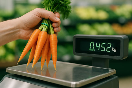 Fresh carrots being weighed on digital scale in grocery store for precise measurement and shopping concept of healthy eating, fresh produce, grocery shopping.の写真素材