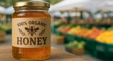 Label of organic honey with simple design featuring elegant bee on jar, emphasizing natural, pure, healthy sweetener, ideal for organic food and eco-friendly living, copy space.の写真素材