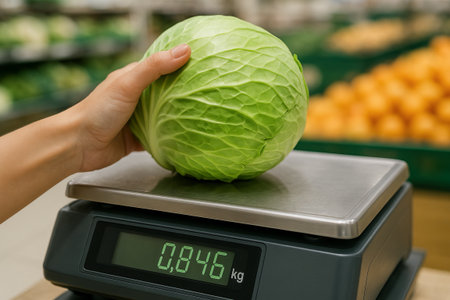 Close-up of hand weighing fresh green cabbage in grocery store for healthy cooking and grocery shopping concept.の写真素材
