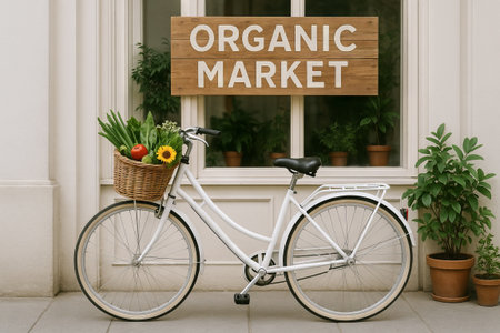 Bicycle with basket of fresh produce at organic market on sunny day. concept of healthy lifestyle, eco-friendly transportation, outdoor shopping.の写真素材