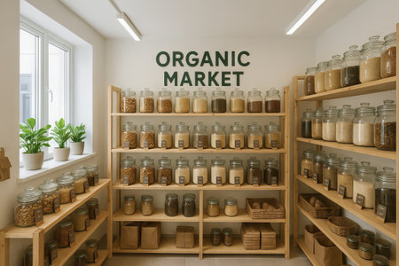 Interior of organic market with jars of grains and nuts on wooden shelves in brightly lit space. concept of sustainable shopping, natural foods, eco-friendly grocery.の写真素材