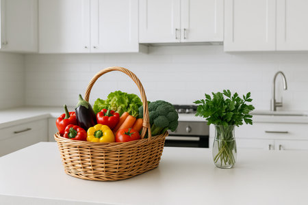 Kitchen with a basket of fresh vegetables on white countertop in modern decor. concept of healthy...
